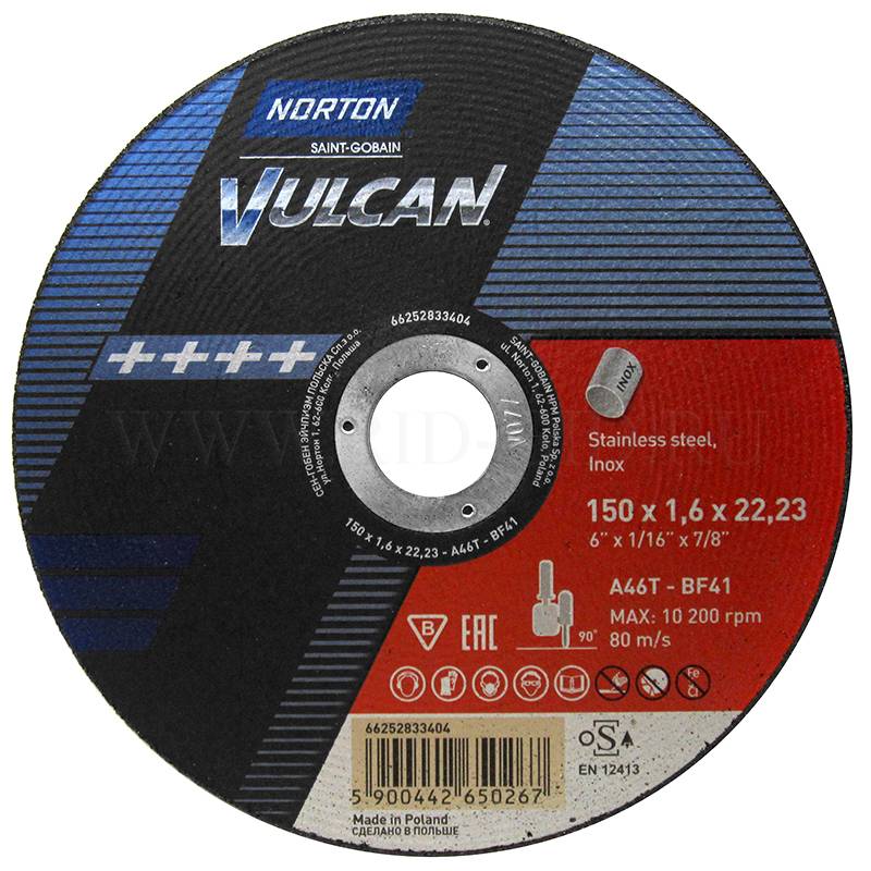 Отрезной круг 150 x 1.6 x 22.23 мм A46T-BF41 NORTON Vulcan Inox по нержавеющей стали